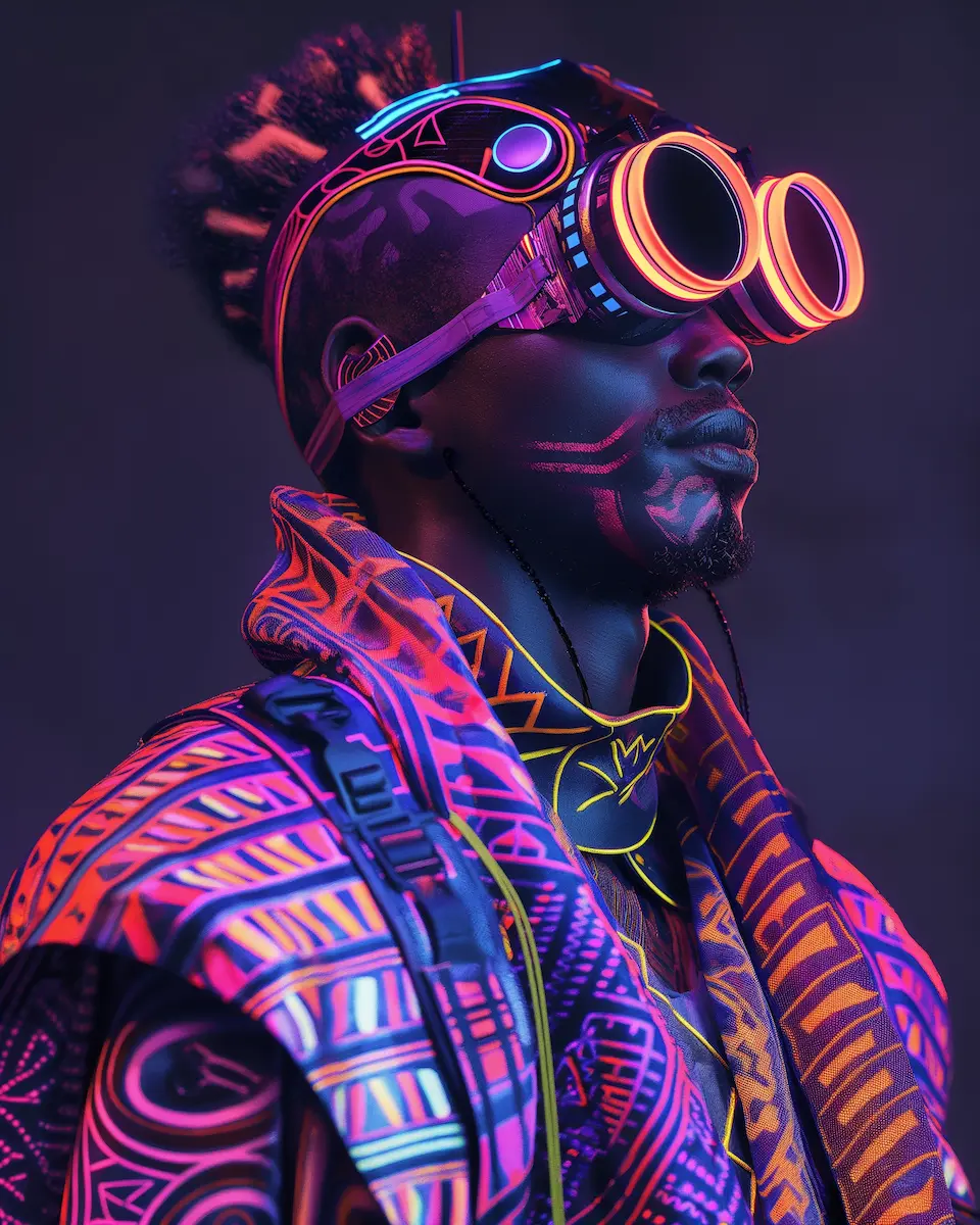 A model wearing Afro-Futurist Expression fashion, drawing on the Afro-futurism movement.